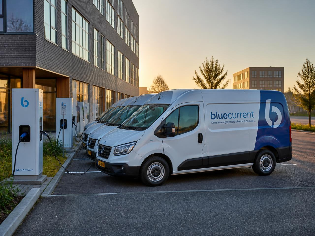 Rij witte en blauwe elektrische bestelbussen die laden op een bedrijfsterrein